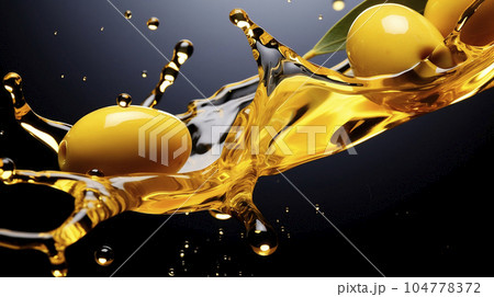 Green olives in natural oil. Cosmetic essence moisturizer healthy skin cosmetics add. Liquid olive oil splash close up photo Green olives in natural oil. Cosmetic essence moisturizer healthy skin cosmetics add. Liquid olive oil splash close up photo 104778372