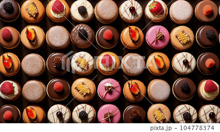 Different colored macarons. Berry chocolate vanilla tasty merengue almond dessert flavored gourmet French cookie close up photo 104778374