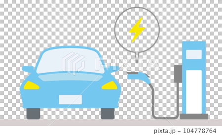 描繪電動汽車從正面在充電站充電的插圖 描繪電動汽車從正面在充電站充電的插圖 104778764
