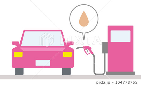 ガソリン自動車がガソリンスタンドで給油する様子を正面から描いたイラスト 104778765