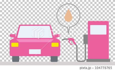 ガソリン自動車がガソリンスタンドで給油する様子を正面から描いたイラスト 104778765