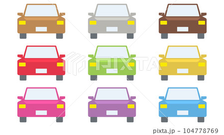 セダンタイプの自動車を正面からシンプルに描いたイラストのカラーバリエーションセット 104778769