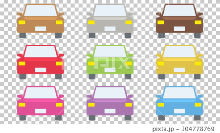 セダンタイプの自動車を正面からシンプルに描いたイラストのカラーバリエーションセット 104778769