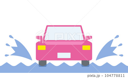 自動車が水しぶきを上げて走っている様子を正面から描いたイラスト 104778811