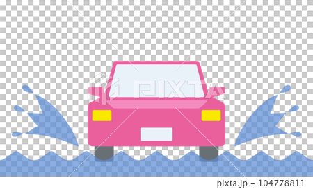自動車が水しぶきを上げて走っている様子を正面から描いたイラスト 104778811