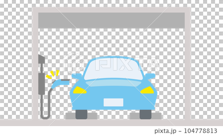 電気自動車を車庫で充電する様子を正面から描いたイラスト 電気自動車を車庫で充電する様子を正面から描いたイラスト 104778813