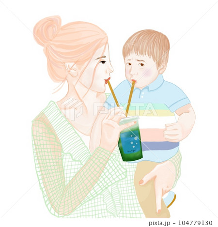 同じジュースを分けあって飲む親子 同じジュースを分けあって飲む親子 104779130