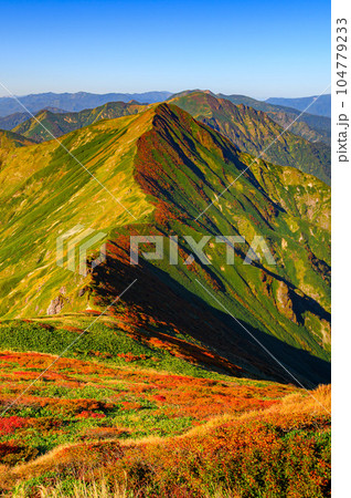 秋の谷川岳・肩ノ小屋より望む主稜線と山並みの絶景 104779233
