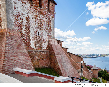 view of Nizhny Novgorod Kremlin towers and walls 104779761
