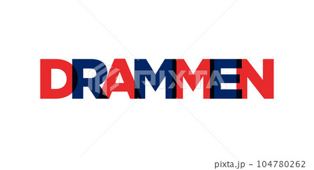Drammen in the Norway emblem. The design features a geometric style, vector illustration with bold typography in a modern font. The graphic slogan lettering. 104780262