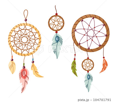 Dreamcatchers Collection. American handmade dreamcatchers, ethnic round talisman with feathers threads and beads rope hanging. Flat cartoon vector illustration 104781791