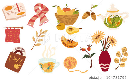 Cozy autumn. Set of different autumn elements, berries, tea, warm scarf, a vinyl record, a bouquet of flowers in a vase, a fruit basket, a book and foliage. Vector illustration 104781793