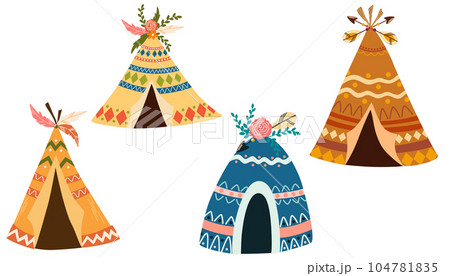 Teepee tents set. Kids wigwams tents with flowers and feathers. Native American Indian tents. Flat cartoon vector illustration isolated on the white background. 104781835