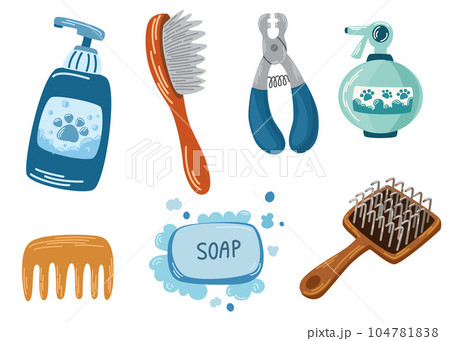 Pet Grooming salon elements. Barbershop for cats and dogs, groomer tools or equipment, scissors, brushes, shampoo isolated on white background. Grooming, hygiene, pets concept. Vector illustration 104781838