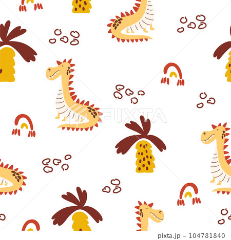 Dinosaurs seamless pattern. Background with cute dino and palms in Scandinavian style. Perfect for fabric, textiles, scrapbooking and more. Vector Illustration 104781840