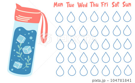 Water balance tracker. Water Bottle Drink more water planner. Flat vector illustration isolated on white background. 104781841