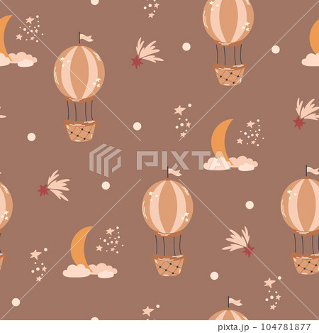 Cute hot air balloons seamless pattern. Hand drawn balloons, clouds, moon and stars in Scandinavian style. Vector Cartoon children background with air transport in the sky. Cute hot air balloons seamless pattern. Hand drawn balloons, clouds, moon and stars in Scandinavian style. Vector Cartoon children background with air transport in the sky. 104781877