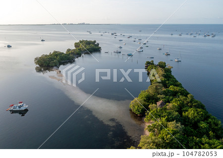 Aerial view of boats moored off Dinner Key Marina in Coconut Grove, Florida. 104782053