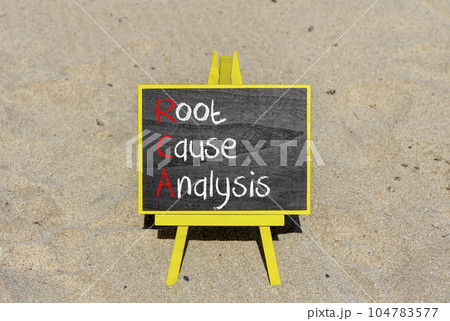 RCA root cause analysis symbol. Concept words RCA root cause analysis on beautiful black chalk blackboard. Beautiful sand beach background. Business and RCA root cause analysis concept. Copy space. RCA root cause analysis symbol. Concept words RCA root cause analysis on beautiful black chalk blackboard. Beautiful sand beach background. Business and RCA root cause analysis concept. Copy space. 104783577
