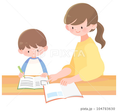 勉強する子供と教える母親 家庭学習 勉強する子供と教える母親 家庭学習 104783630