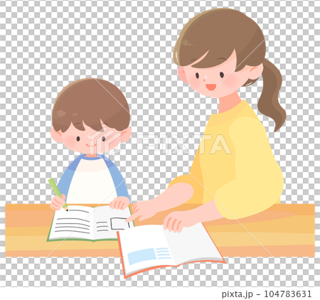 勉強する子供と教える母親　家庭学習 104783631