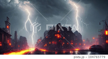 Lightning over the ruined city. AI Generative 104783779