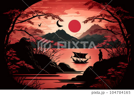 Illustration of Japanese samurai watch sunset with mountain and a lake background, red, white and black artistic art. good for T-shirt, poster, canvas, mug, cover and other. Illustration of Japanese samurai watch sunset with mountain and a lake background, red, white and black artistic art. good for T-shirt, poster, canvas, mug, cover and other. 104784165