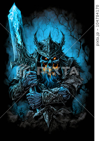 An illustration of skull warrior, ancient horrifying ghost warrior, lich king, or fantasy and game character with magical aura. Good for t-shirt, mug, poster, bed cover, pillow, phone case and other. 104784170