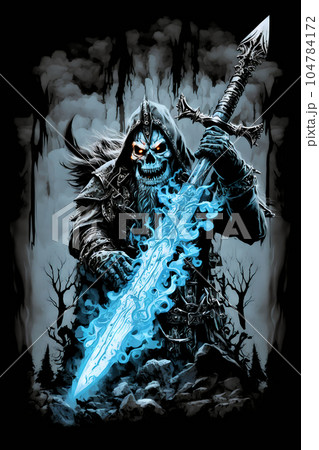 An illustration of skull warrior, ancient horrifying ghost warrior, lich king, or fantasy and game character with magical aura. Good for t-shirt, mug, poster, bed cover, pillow, phone case and other. 104784172