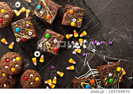 Monster brownies with candy and sprinkles 104784670