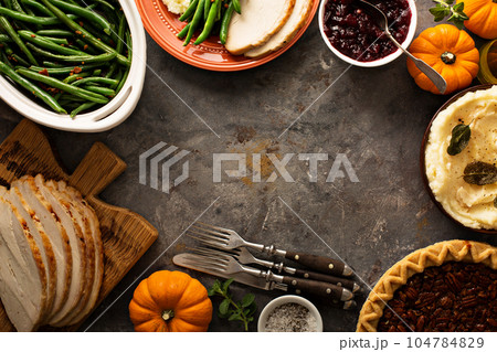 Thanksgiving table overhead shot Thanksgiving table overhead shot 104784829