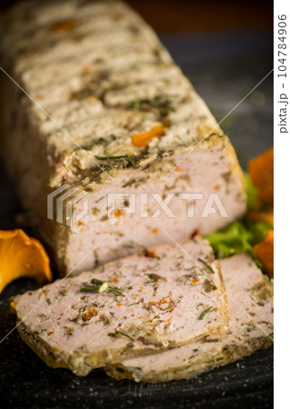 homemade sausage from minced meat with mushrooms and vegetables inside 104784906