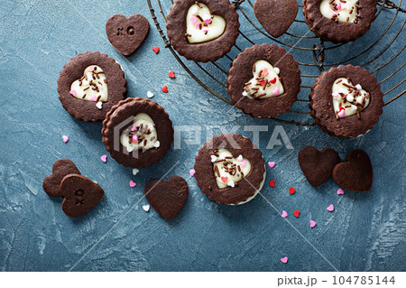 Chocolate cookie sandwiches for Valentines Day 104785144