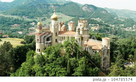 Aerial drone panoramic view of the Rocchetta Mattei castle in Italy on sunny summer day, view from above. High quality footage 104785574
