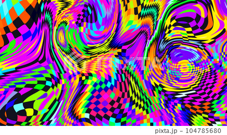 Distorted neon checkered pattern. Abstract euphoria. Hallucination in consciousness Distorted neon checkered pattern. Abstract euphoria. Hallucination in consciousness 104785680