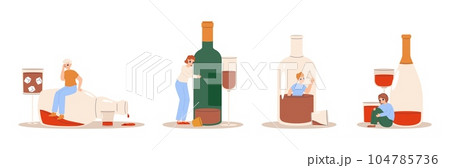 Alcohol addiction scenes, drunk teenager and bottle of strong drink. Abuse toxic drinks on party, mental health problems. Alcoholism snugly vector set 104785736