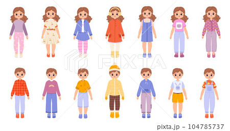 Fashion children, stylish toddler in sweater and dress. Summer outfit, kids wear winter clothes. Cartoon baby boy and girl, snugly vector set 104785737