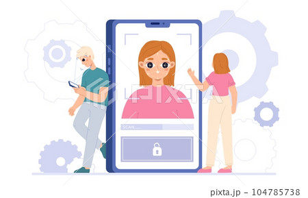 Phone face recognition, mobile identity scanner. Identification information, smart scan id person. Verification and safety snugly vector scene 104785738