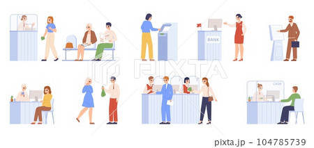 Bank information and clients service scenes. Cartoon customer and cashier, consultant at counter and atm. Banking office, clients snugly vector set 104785739