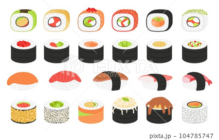 Sushi food. Seafood japanese style, rolls and asian meals. Isolated traditional raw ingredients, salmon and rice. Restaurant decent vector elements Sushi food. Seafood japanese style, rolls and asian meals. Isolated traditional raw ingredients, salmon and rice. Restaurant decent vector elements 104785747