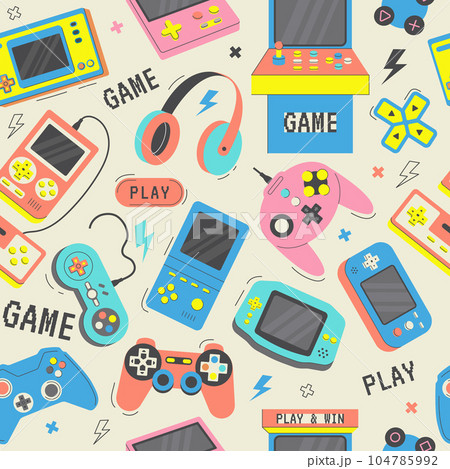 Game consoles pattern. Gadgets for playing video games recent vector seamless background 104785992