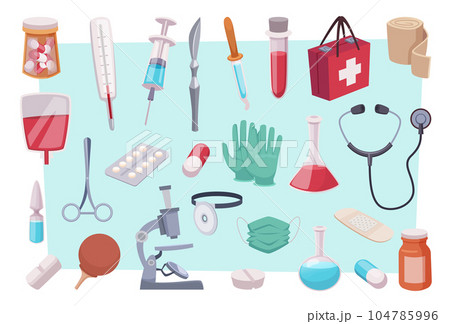 Medical tools. Drugs and pills for healthcare people antibiotic pharmacy industry medical items exact vector templates in cartoon style 104785996