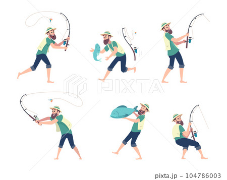 Fisherman. Sailor hobby summer fishing on river exact vector cartoon illustrations 104786003
