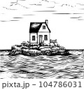 black and white vector ink illustration of small wooden house near the sea 104786031