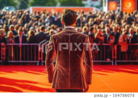 World entertainment star on the red carpet of a festival back view. Generative AI 104786078