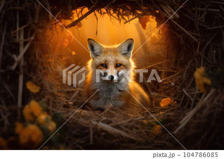 A red fox is emerging out of its den. Realistic still life with dramatic lighting. Generative AI 104786085