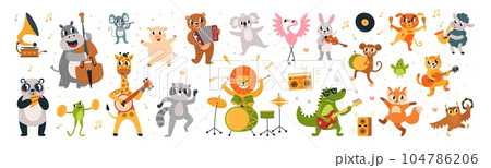 Cartoon musical dancing animals with music instruments. Funny wild animal, raccoon and lion. Musicians and dancers, classy festival vector characters 104786206