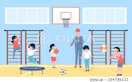 Sport class, teacher and fitness education, gymnastics and jumping. Student athletes, kids play ball. Physical lesson in gym, recent vector scene Sport class, teacher and fitness education, gymnastics and jumping. Student athletes, kids play ball. Physical lesson in gym, recent vector scene 104786211