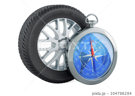 Car wheel with Compass, 3D rendering Car wheel with Compass, 3D rendering 104786284