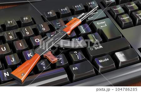 Assault rifle on computer keyboard concept, 3D rendering 104786285